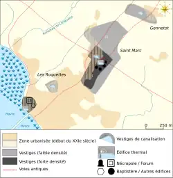 Plan de Portail au 21ème siècle par rapport à la Portail romaine. Différents édifices romains apparaissent : les faibles densités sont en gris clair et les fortes densités en gris foncé