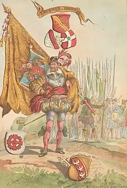 Dessin d'un homme avec de riches habits et portant un drapeau sur son épaule, et entouré par cinq blasons de plusieurs couleurs, avec plusieurs hommes armés de lance en arrière-plan.