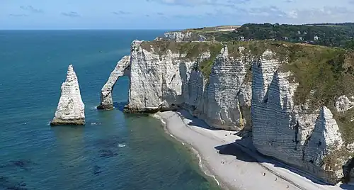 Étretat : falaise simple du fait de l'homogénéité lithologique de la craie sénonnienne.