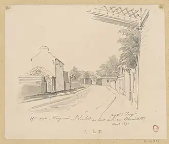 Le haut de la rue et la porte d'Issy en 1891 (dessin de Jules-Adolphe Chauvet).