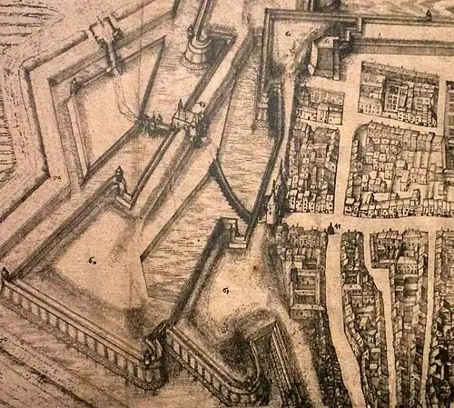 La porte insérée dans les défenses de Vauban (détail d'un plan de 1611).