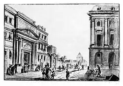 L'entrée du couvent des Feuillants et, à droite, celle de la place Vendôme ; au fond, le dôme de l'église de l'Assomption.