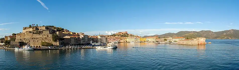 Vue panoramique du port, avec ses fort Stella, fort Falcone, et tour de la Linguella.