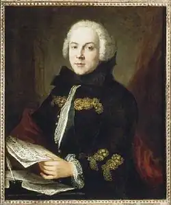 peinture : un homme tient une partition à la main.