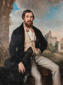 René Théodore Berthon, Portrait de François Alfred Walsh (1814-1876), avec son chien devant le château du Plessis-Macé, 1847