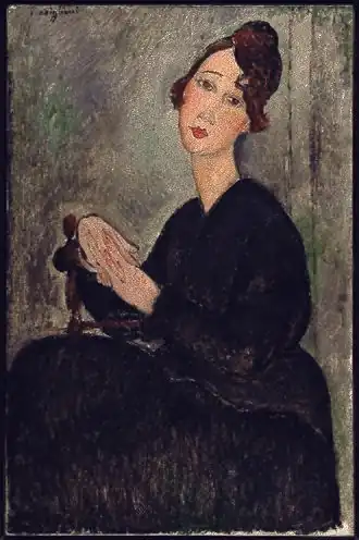 Peinture d'une jeune femme assise de profil en robe noire, visage tourné vers le spectateur