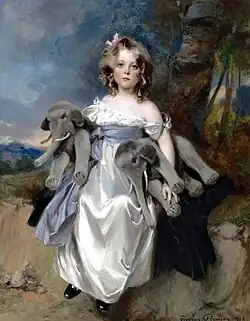 Peinture d'une petite fille en pied, dans une robe très élégante et portant deux gros éléphants en peluche.