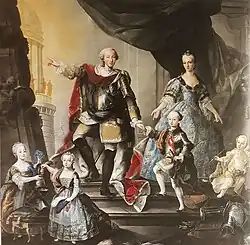 La famille de Victor Amédée&nbsp;III, d’après Giuseppe Duprà (Turin, palais royal). De gauche à droite : Marie-Josèphe, Marie-Thérèse, Victor-Amédée (alors duc de Savoie), le prince de Piémont, l’infante Marie-Antoinette, et le duc d’Aoste dans les bras de Marie-Anne.