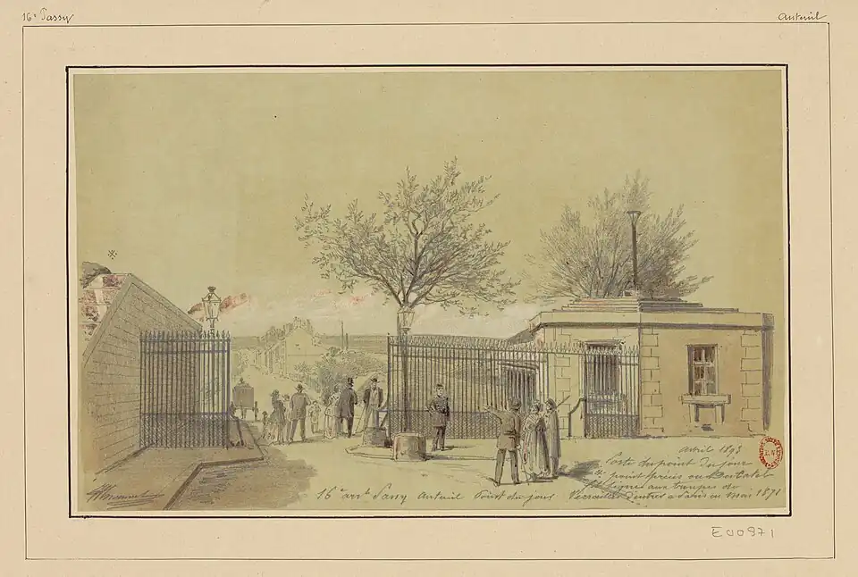 La porte du Point-du-Jour qui se situait au bout de la rue (dessin de Jules-Adolphe Chauvet, 1893).