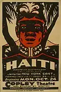 1938 : Haïti. Le drame du Napoléon noir par William Du Bois. Affiche pour la présentation de « Haïti » au Théâtre Copley, 463 Stuart Street, Boston, Massachusetts, montrant un portrait en buste de Toussaint Louverture.