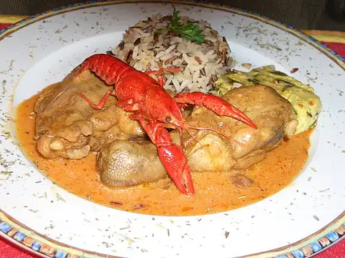 Poulet de la Drôme, langoustine et riz de Camargue