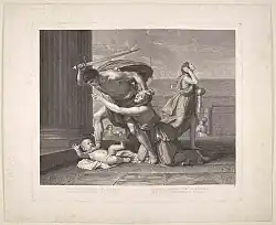 Reproduction du tableau de Poussin de couleur noire, entouré d'un cadre blanc.