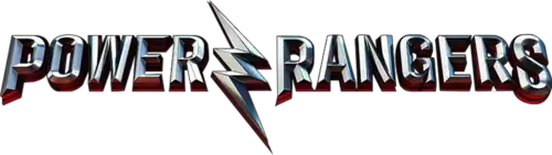 Les mots "POWER RANGERS" en capitales, séparés par un signe en forme d'éclair, le tout de couleur argentée.