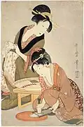 Préparation de poisson, de Utamaro, Japon, XVIIIe siècle.