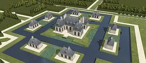 Restitution en vue cavalière du château-neuf de Princé, dit le Palais de la Volupté, vers 1630.