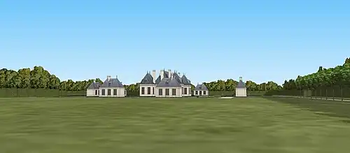 Vision restituée depuis la pelouse au sud du château-neuf de Princé, vers 1630.