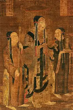 Shotoku avec deux assistants, XIIIe&nbsp;siècle, époque de Kamakura, peinture sur soie, Freer Gallery of Art, Washington D.C., États-Unis.