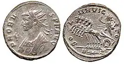 Monnaie de l'empereur romain Probus, vers 280 : Probus et Sol Invictus conduisant son quadrige portent tous deux une couronne solaire rayonnée.