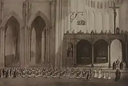 Gravure ancienne montrant une procession liturgique de religieux passant de la gauche vers le centre de l'église, devant un mur qui coupe le chœur (au fond) de la nef (au premier plan).