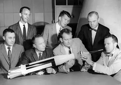 Les sept premiers astronautes américains. Glenn est en haut à droite.