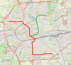 Le tracé de la « 2e ligne de VAL » (en vert) selon les études effectuées vers 1995.