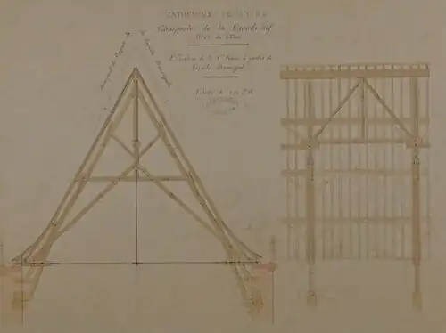 Schéma sépia d'une charpente, de face et de côté.