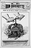 Page de titre verticale où le dessin en noir et blanc montre une presse actionnée par des mains qui écrase des hommes qui tentent de s'échapper.
