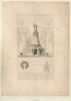 Estampe d’un projet de tombeau pour Napoléon Ier, accompagnée d’un texte le décrivant. Figurent aussi une coupe de la base du monument et une coupe du Dôme des Invalides. L’image principale représente le tombeau de l’Empereur sous le Dôme des Invalides. De plan octogonal, le tombeau est composé d’une base ornée de représentations des Armes de l’Empire et de bas-reliefs illustrant différents moments de la vie de Napoléon Ier. Cette base supporte une structure pyramidale portant l’inscription "A NAPOLÉON EMPEREUR DES FRANÇAIS". Elle est elle-même surmontée d’une statue en pied de l’Empereur, qui s'inscrit dans une scène d’apothéose.