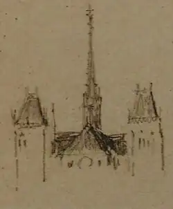 Dessin d'architecte esquissant une cathédrale surmontée de flèches.
