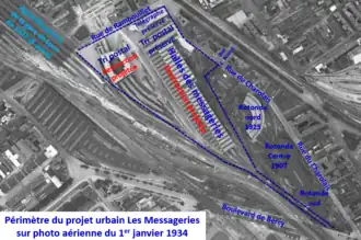 Projet urbain Messageries sur photo aérienne de 1934.