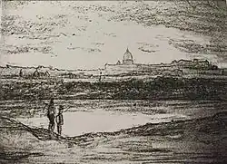 Joseph Trévoux, Croquis préparatoire, Promenade du Poussin à Rome, fusain et craie blanche sur papier bleu, 30 cm x 38,5 cm, Montbrison (Loire), collection particulière.