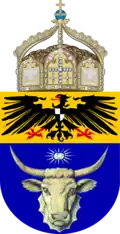 Proposition, faite en 1914, d'armoiries pour le Sud-Ouest africain allemand. Elles n'ont pas dû servir avant 1915. La rencontre de taureau est inspirée des armes du Mecklembourg ou de la Moldavie.