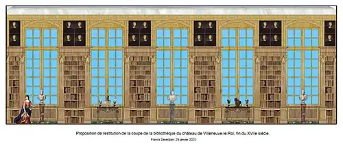 Proposition de restitution de la coupe de la bibliothèque du château de Villeneuve-le-Roi, fin du XVIIe siècle.