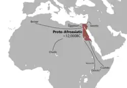 Un modèle d'expansion des langues afroasiatiques (étape 1: de -10 000 à -7500 (rouge) Étape 2: après -7000).