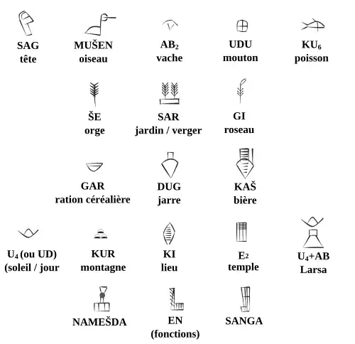 Exemples de signes logographiques proto-cunéiformes (à partir de dessins de R. Englund).