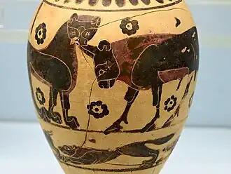 Aryballe protocorinthien, détail. Scène animalière et chasse au lièvre.  Milieu -VIIe s.