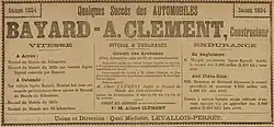 Publicité textuelle évoquant les succès des voitures Bayard-Clément en compétitions automobiles.