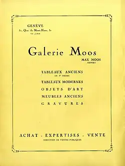 Publicité pour la Galerie Moos publiée dans la revue "L'Art en Suisse", janvier 1931, no&nbsp;1. Numérisation Bibliothèque d'art et d'archéologie (BAA), Genève.