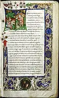 Frontispice enluminé avec lettre T dorée et historiée (1450), Université de València, Ms 0768