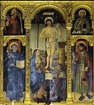 Le polyptyque dans son apparence actuelle. L'inscription aux pieds du Christ décrit le tableau : Tutum habet homo accessum ad Deum ubi habes filium ante patrem et matrem ante filium. Filius ostendit latus et vulnera. Mater ostendit pectus et ubera. Nulla poterit esse repulsa ubi sunt tot charitatis insignia.