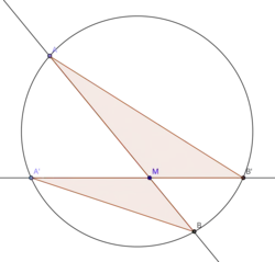 Deux triangles semblables illustrant l'invariance de la puissance d'un point par rapport à un cercle, cas où le point est dans le cercle