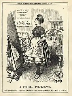 Dessin de presse montrant une femme coiffée d'un bonnet phrygien se mirant devant un miroir.