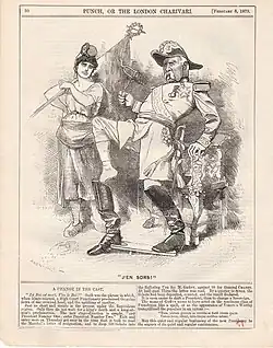 Dessin de presse montrant un homme en uniforme militaire qui ôte ses bottes devant une femme vêtue d'une toge et coiffée du bonnet phrygien.