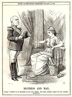 Dessin de presse montrant un homme en uniforme militaire, l'air soumis et le bicorne à la main, se tenant debout devant une femme assise, vêtue d'une toge et coiffée du bonnet phrygien.