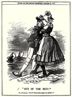 Dessin de presse montrant un homme en uniforme militaire extrait de la boue par une femme portant un bonnet phrygien.