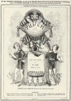 1843 : la couverture du 1er juillet montre Mr. Punch chevauchant un trompettiste.