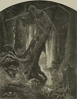 Illustration monochrome d'un spectre portant une longue faux, presque transparent sur le fond d'une forêt aux larges troncs, au bord d'un ruisseau.
