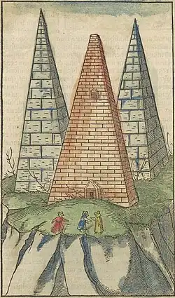 Les pyramides de Gizeh (gravure de 1550).