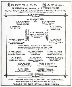 Programme d'un match entre les Wanderers et le club écossais du Queen's Park FC.