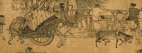 Brouette aidée d'un âne attaché par des cordes et d'un second homme, détail de La fête de Qingming au bord de la rivière (1085, dynastie Song).